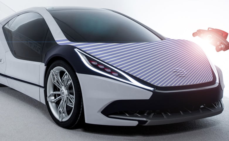Car with futuristic design and drone